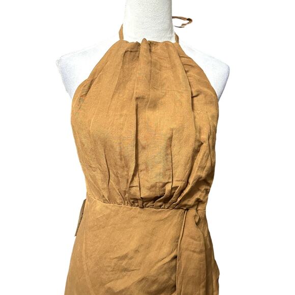 Bardot Mini Dress Linen Blend Goddess Halter Backless Zip Back Brown Medium NWT - Picture 3 of 10